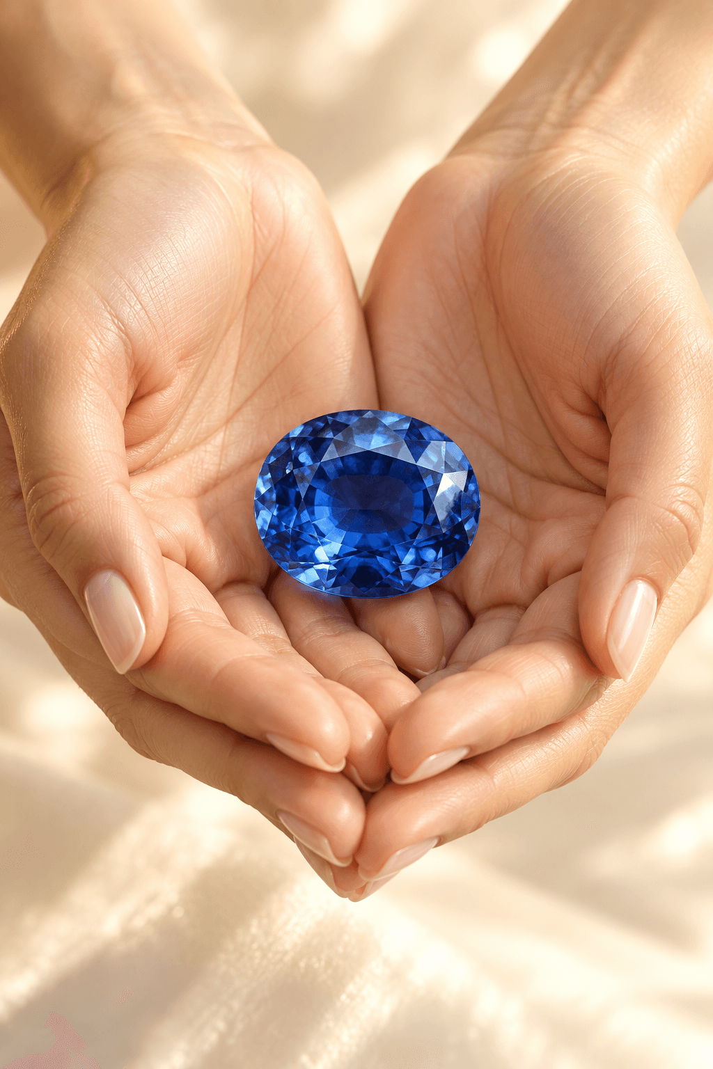 Two hands cupped together holding a polished sapphire
